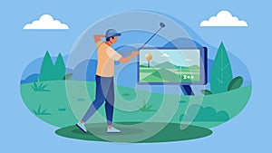 A man practices his swing on a virtual golf course immersing himself in the serene environment as he follows the photo