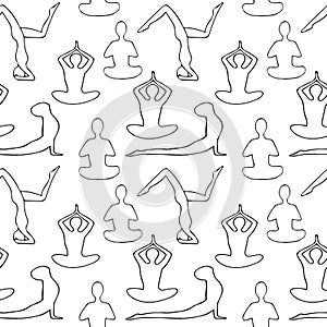 Man practices yoga in lotus position, cobra, balance seamless pattern hand drawn in doodle style. vector, scandinavian, monochrome