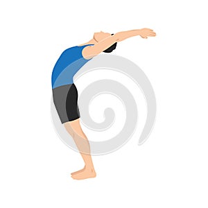 Man practices yoga in the raised arms pose.