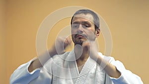 Man practicing aikido, slow motion. Aikido. Sport.