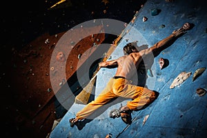 Man practicing rock-climbing on a rock wall