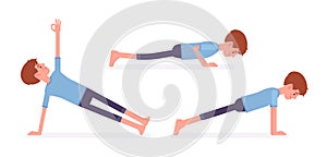 Man practicing yoga, doing Push and press ups, plank pose