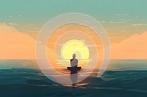 Man Practising Yoga in Ocean with Sunset Backdrop (AI Generated)