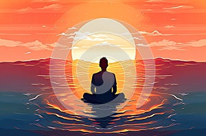 Man Practising Yoga in Ocean with Sunset Backdrop (AI Generated)