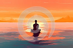 Man Practising Yoga in Ocean with Sunset Backdrop (AI Generated)