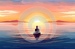 Man Practising Yoga in Ocean with Sunset Backdrop (AI Generated)