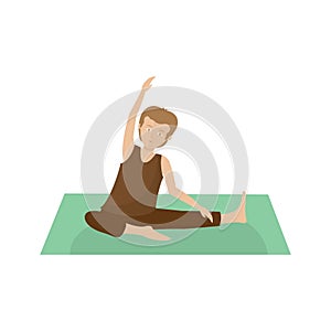 man practising yoga in revolved head-to-knee sequence. Vector illustration decorative design