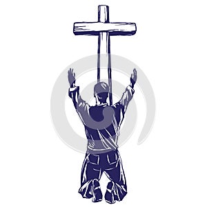 Man praises God for the forgiveness of his sins, crucified on the cross symbol of Christianity hand drawn vector