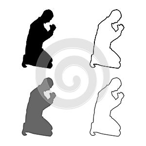 Man pray on his knees silhouette icon set grey black color illustration outline flat style simple image