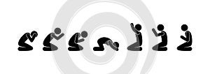Man pray icon, set of people silhouettes on knees, stick figure pictogram