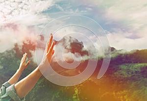 Man pray in morning at the mountain. photo