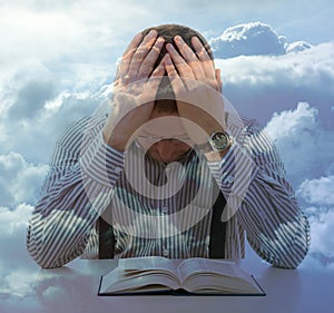 Man pray unusual sky view clouds religion concept