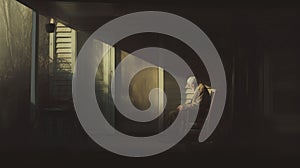 Man praying at home in front of a window in the dark.