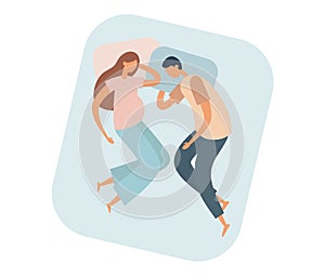 Man and pregnant woman sleeping on bed. Flat vector illustration