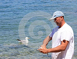 Man preparing the fish. Seagull waiting in sea