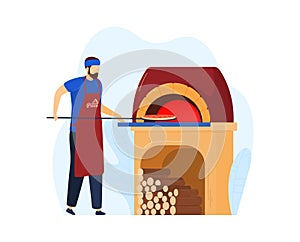 Man preparing pizza oven, chef making, kitchen restaurant, cooking italian food, design, flat style vector illustration.