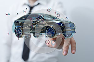 Man presenting 3D rendered autonomous driving electric car