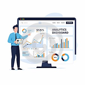 Man presenting data analytics dashboard on screen