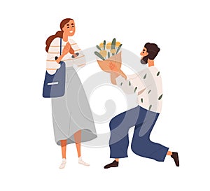 Man presenting flower bouquet to happy woman. Guy kneeling and giving floral bunch, romantic gift, surprise to girl