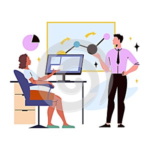 A man presenting sales chart to other employee. Businessman and businesswoman working together at office. Flat vector illustration