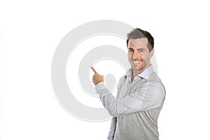 Man presenting text or graphic on white background