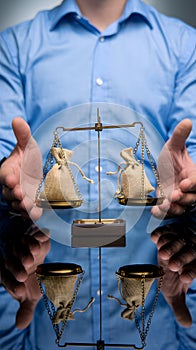 Man Presents Balanced Scale with Sacks, Emphasizing Value in Presentation photo