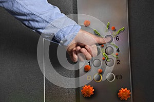 Man press button in elevator with germs, closeup