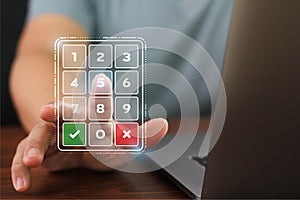 Man press number hitech numpad button. Digital calculator online connect. Password identify technology communicate