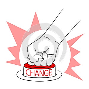 Man presses CHANGE button with his fist. Personal development and career growth. Concept of change management. Sketch