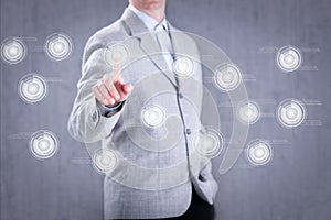 Man pressing button of digital virtual screen