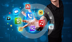 Man pressing collection of high tech buttons