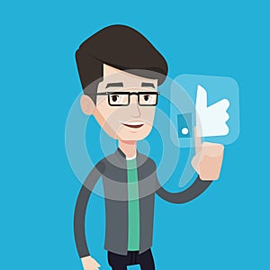 Man pressing like button vector illustration.