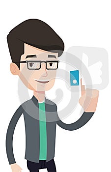 Man pressing like button vector illustration.