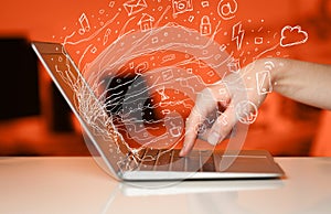 Man pressing notebook laptop computer with doodle icon cloud sym