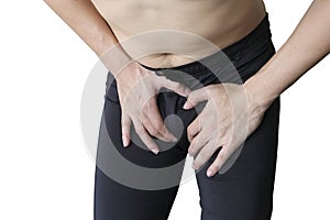 Man pressing stomach, men is painful bladder inflammation on white background health concept