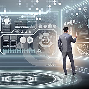 Man pressing virtual button in data mining concept