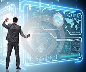 Man pressing virtual button in data mining concept