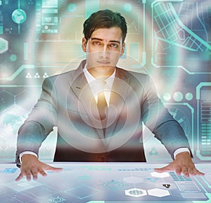 Man pressing virtual button in data mining concept