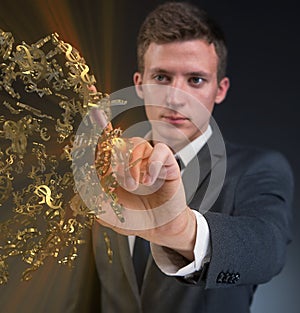 Man pressing virtual button with dollars