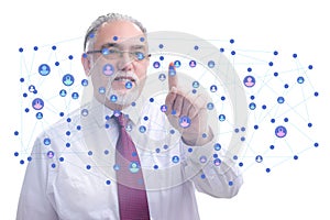 Man pressing virtual button on social network concept