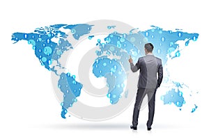 Man pressing virtual button on social network concept