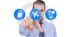 Man pretending to touch airplane mode icon against white background