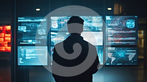 Man previewing digital business interface on virtual display