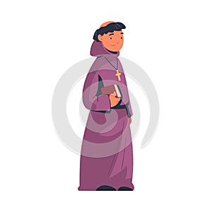 Man Priest or Monk from Middle Ages Wearing Hooded Gown with Cross Holding Bible Vector Illustration photo