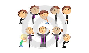 Man Priests Characters Collection, Catholic Preachers Blessing, Praying, Giving Speech Vector Illustration