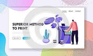 Man Printing Ad on Multifunction Laser or Inkjet Printer. Working Process in Typography or Advertising Agency, Creative Studio