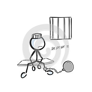 Man in a prison cell. Arrested criminal convict. Sitting in jail. Hand drawn. Stickman cartoon. Doodle sketch, Vector graphic
