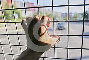 Man in prison hand holding a steel cage prison bars. criminal criminal is locked in prison