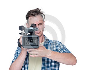 Man with professional camcorder front view, isolated on white background