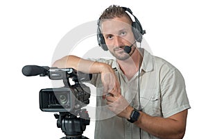 Man with professional camcorder isolated on white background